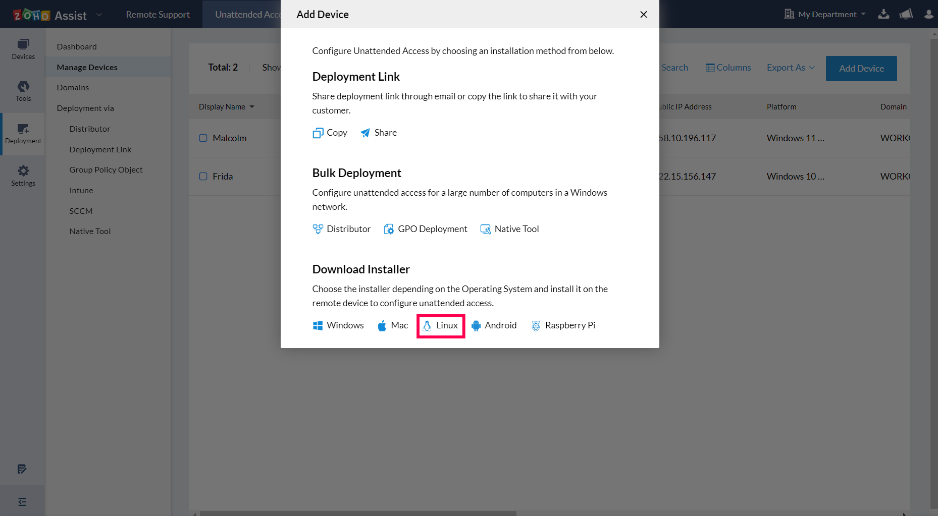 Choose Linux Installer to download the unattended access installer for Linux