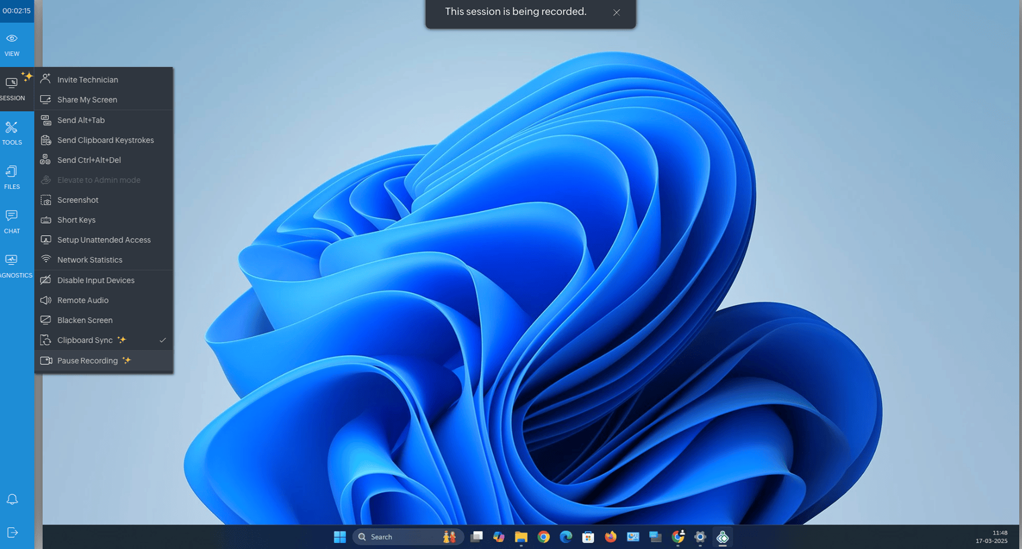 You can start recording the session by clicking 'Session' in the left menu and choose 'Start recording'