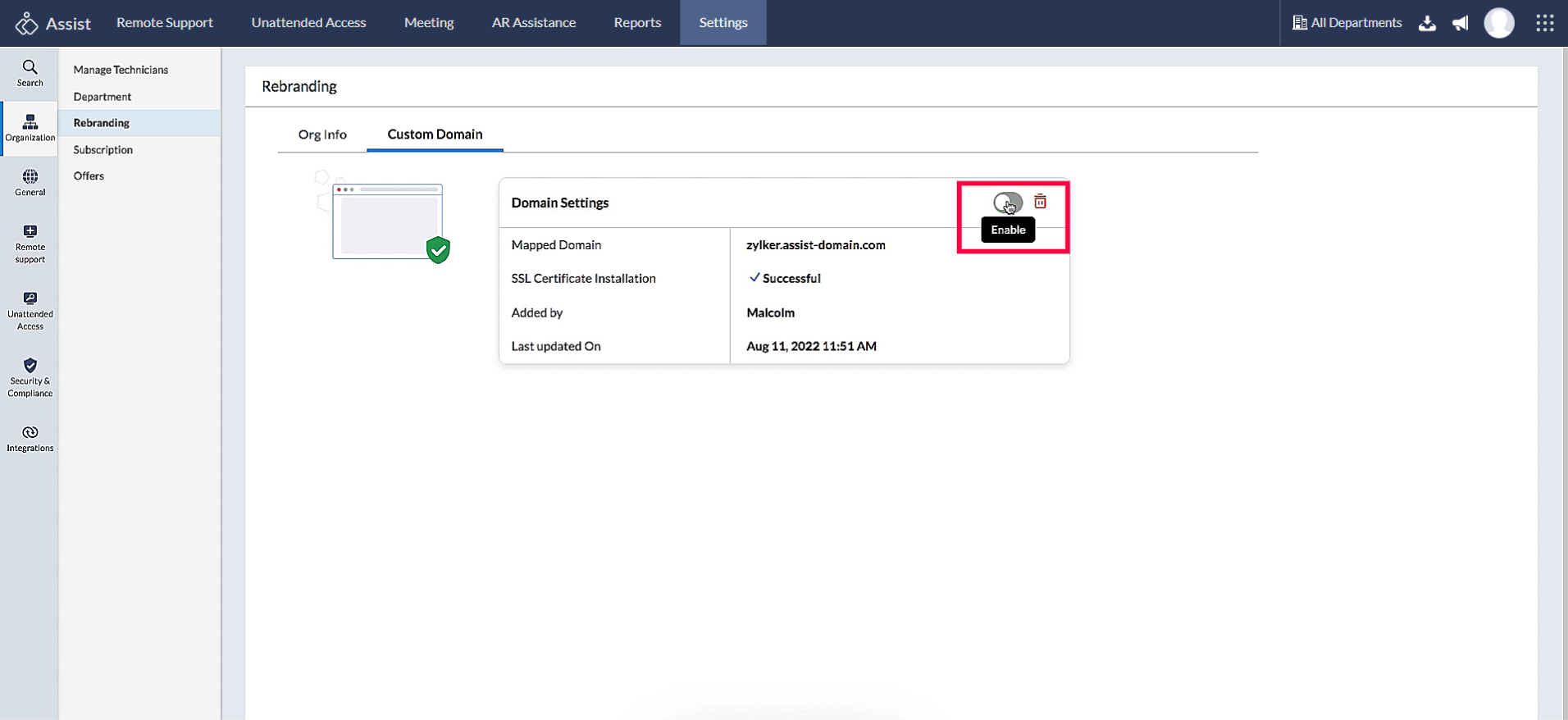 Enable or Disable Custom Domain