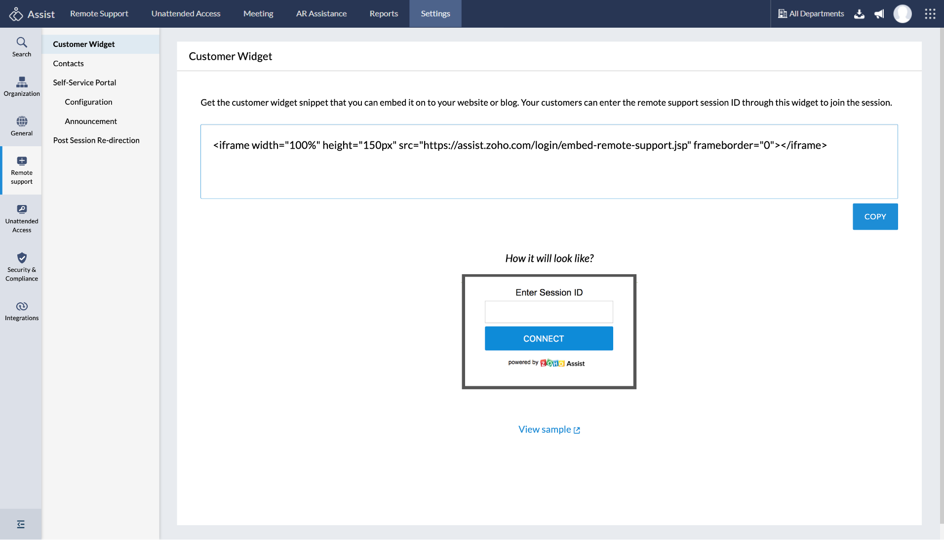 Customer Widget settings in Zoho Assist