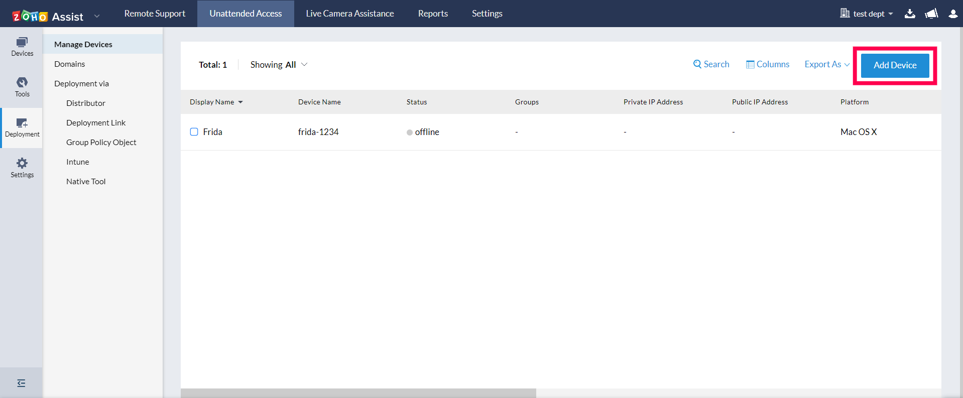 Navigate to the Unattended Access tab, select Deployment and click Add Device.