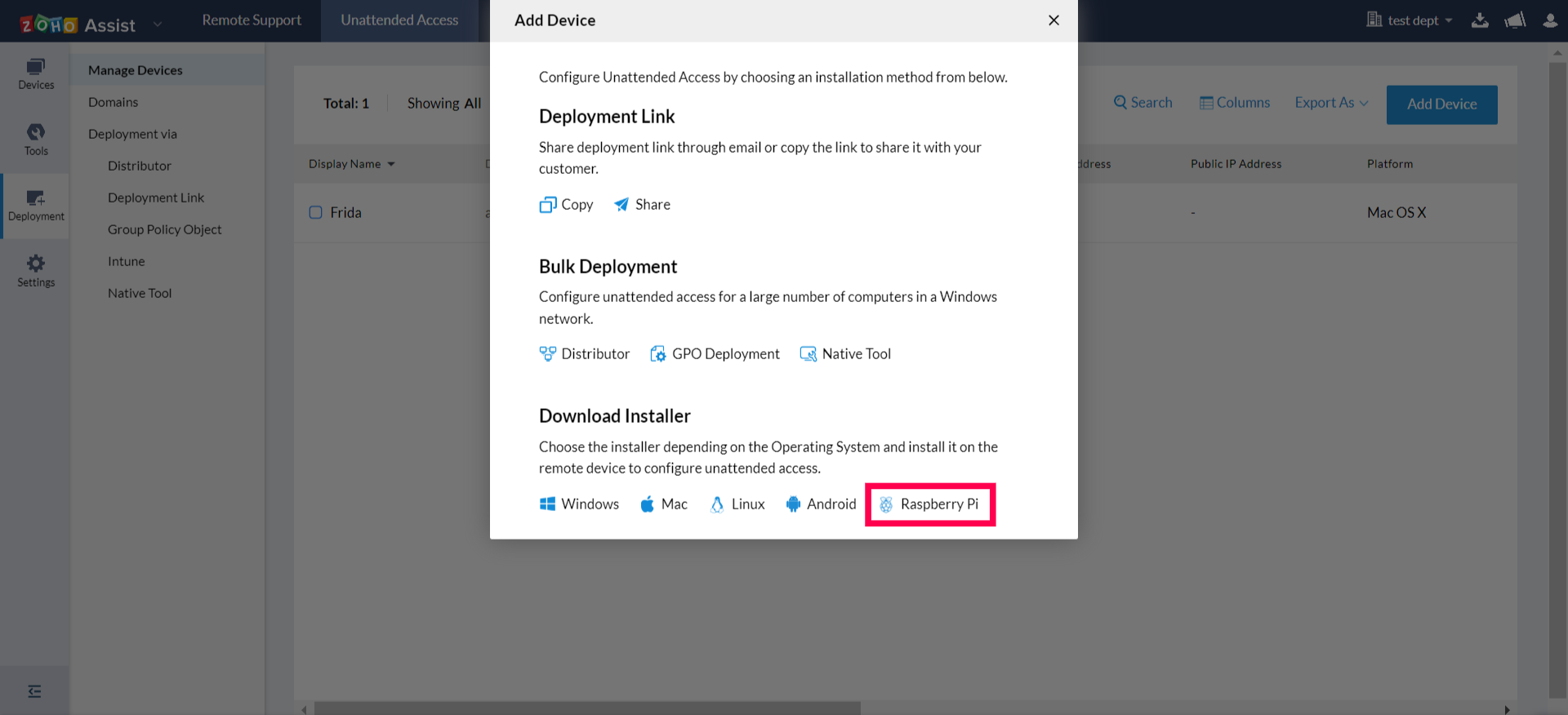 Choose Raspberry Pi Installer among various installers for different operating systems, to download the unattended access installer for Raspbian Pi