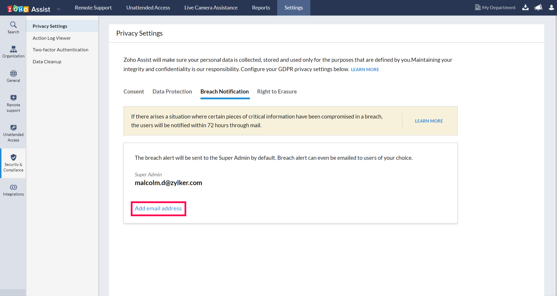 Breach Notification Settings