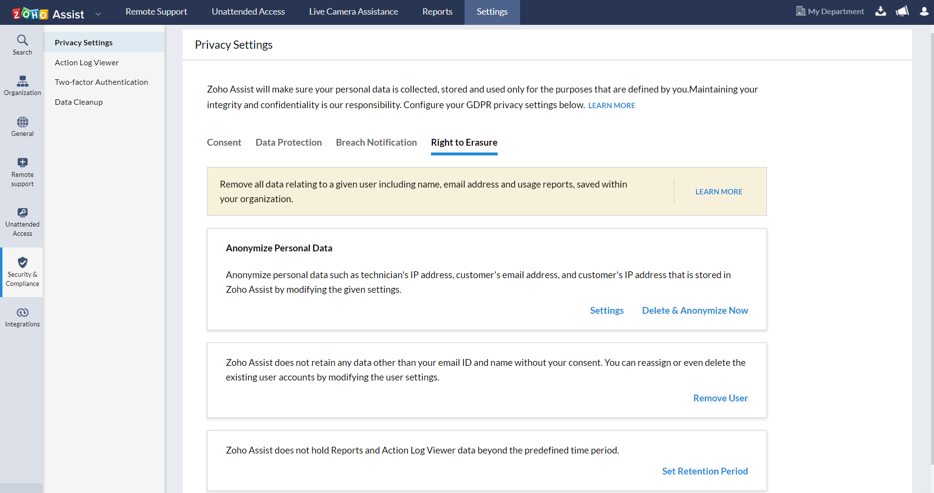 Right to Erasure Settings