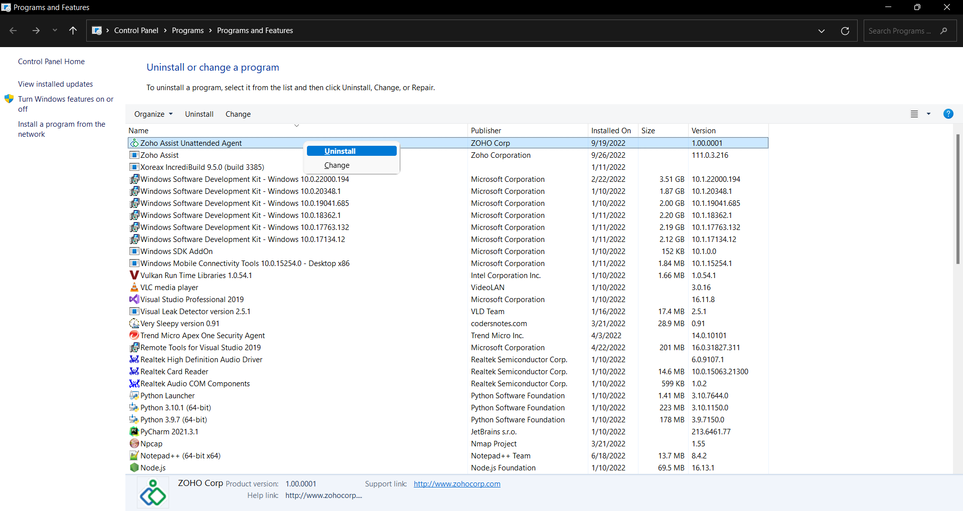 To uninstall Zoho Assist Unattended Agent from Windows via Control Panel, go to Start > Control Panel > Programs and Features, right-click the application, and select Uninstall.
