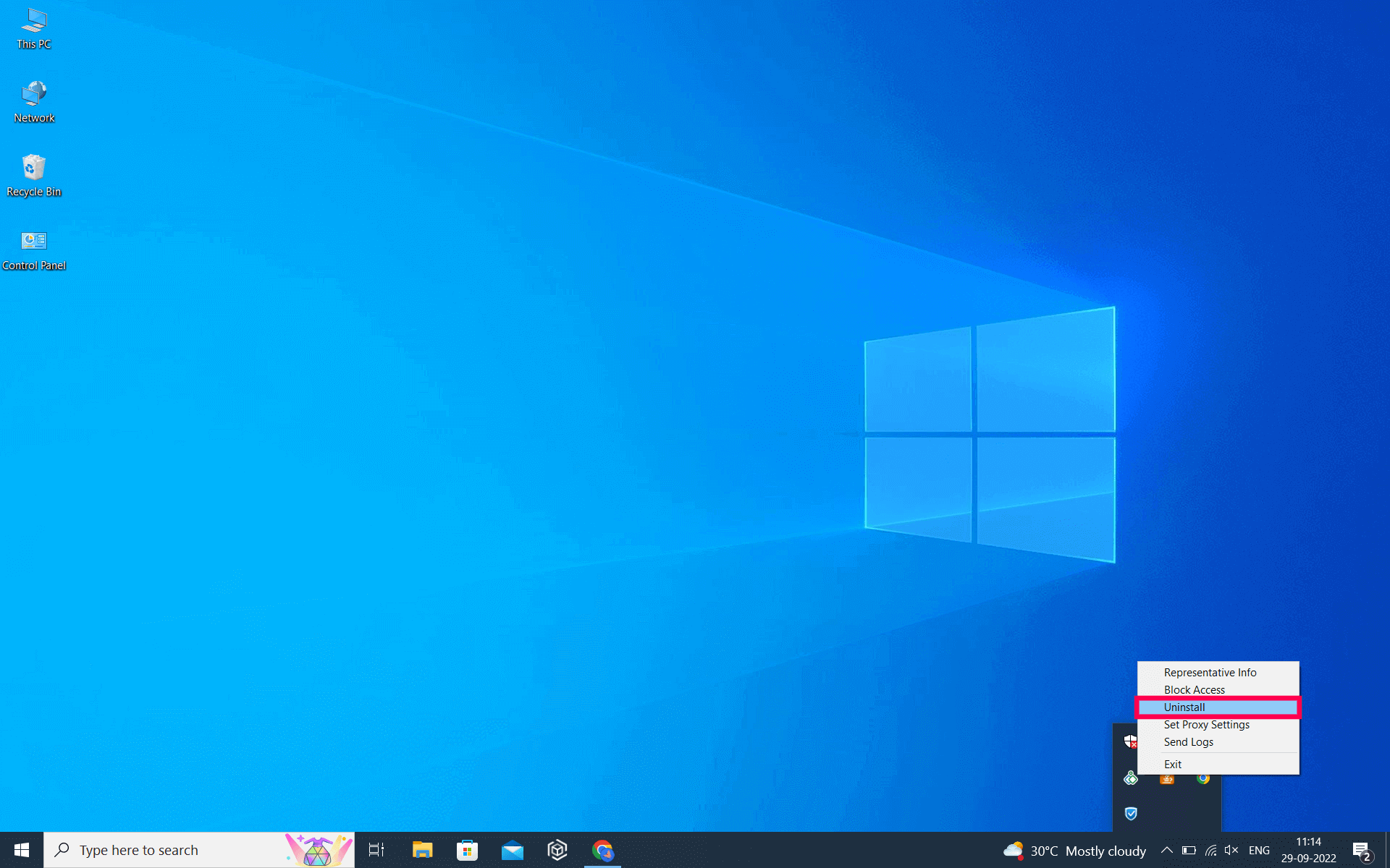 To uninstall Zoho Assist Unattended Agent via Windows Tray, click the Windows Tray icon, right-click Zoho Assist, and select Uninstall.