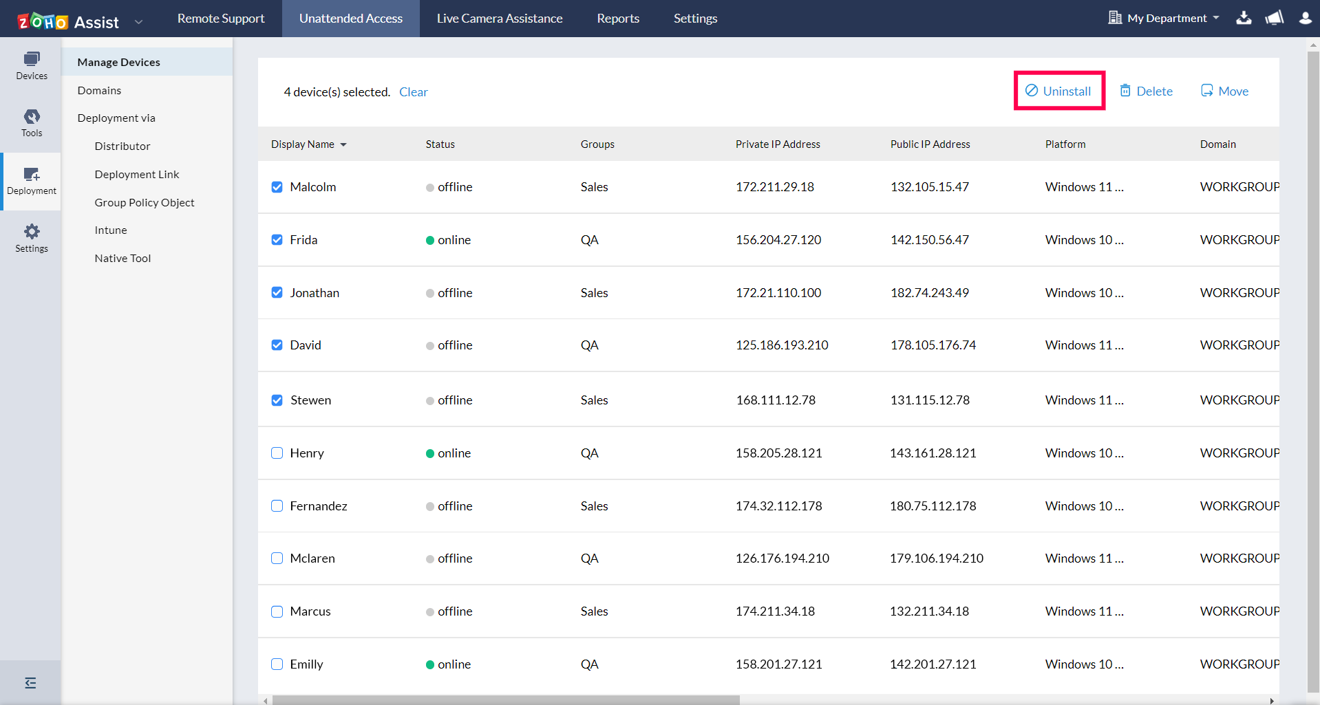 In Zoho Assist console, under Unattended Access > Deployment > Manage devices, select the device from the list and click Uninstall for bulk uninstallation.