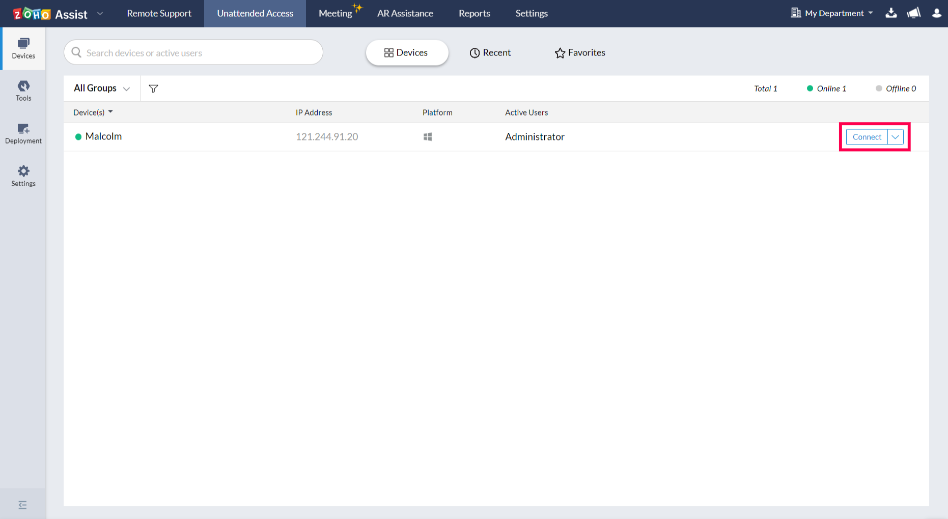 Once configured, the device will be listed in Unattended Access. Click Connect beside the device to access it.