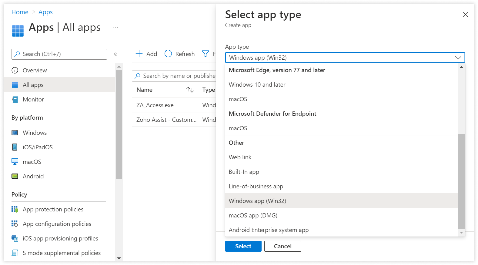 In the Endpoint Manager Admin Center. Select Apps->All Apps-> Add and select App type as Windows app (Win32) and click Select.