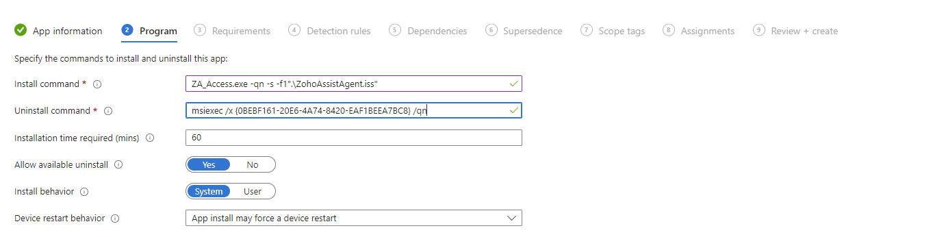 Install commands for EXE Installer are entered in the Program section.