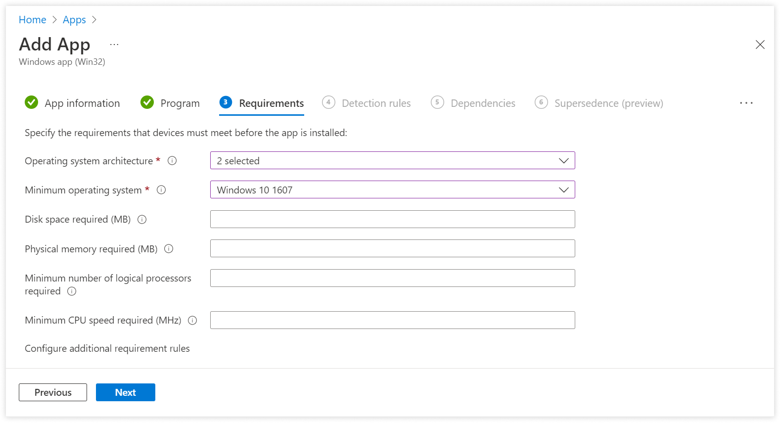 Requirements section with various requirements that device must meet before the app is installed.
