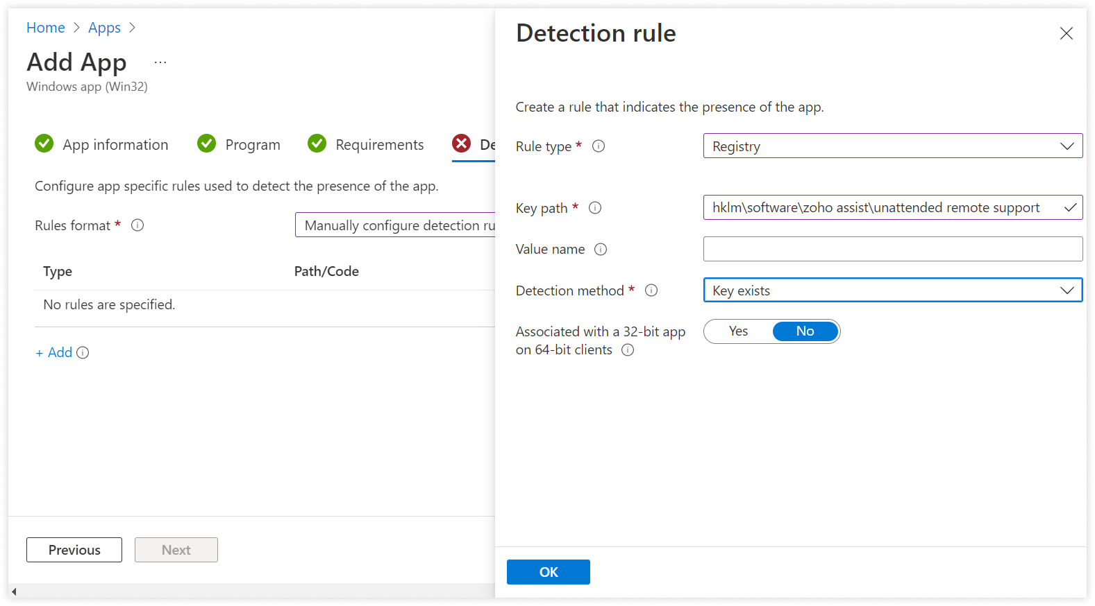In Detection Rules section, select Registry, fill Key path, and select Key exist for Detection method.