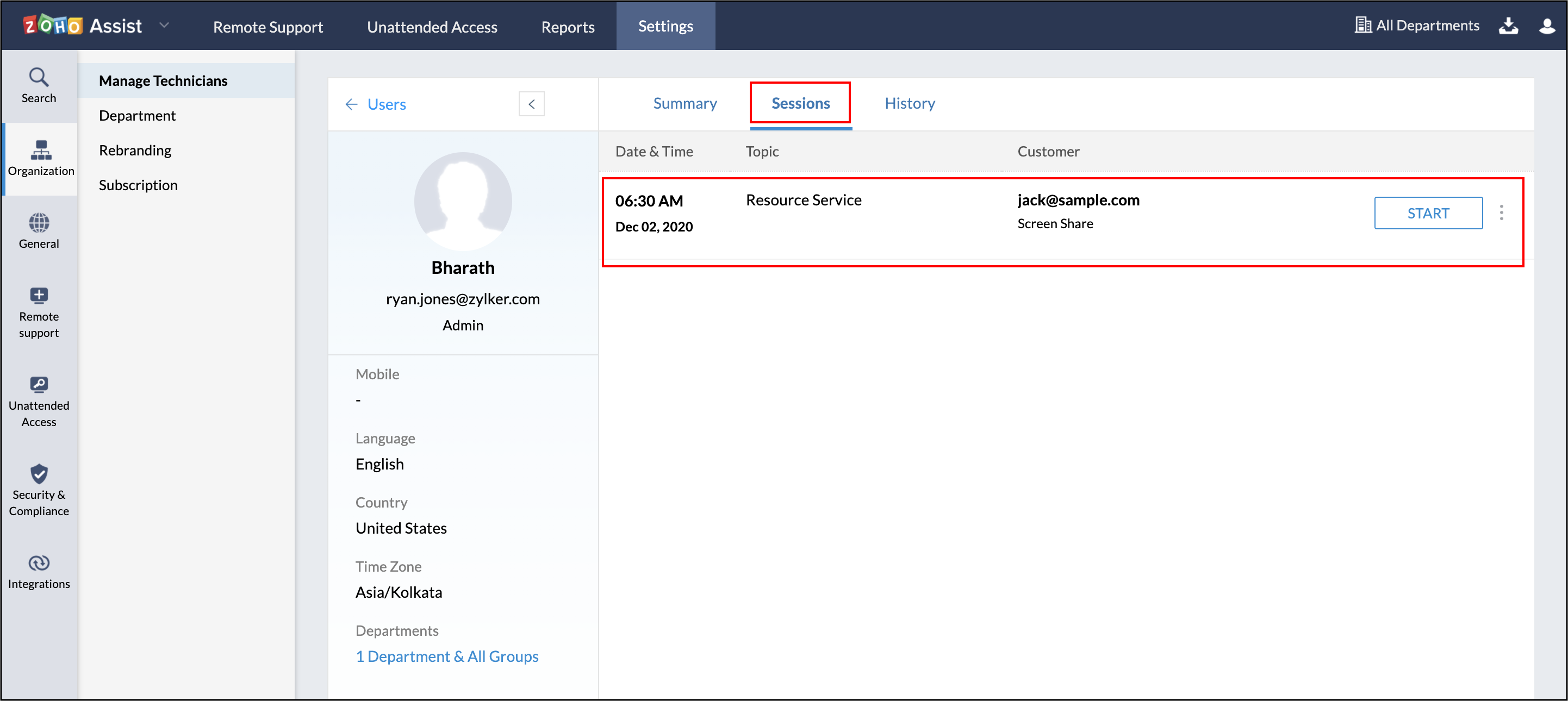 Session start view in Zoho Assist