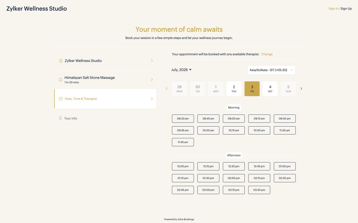 Zoho Bookings self-booking page for massage therapy clients