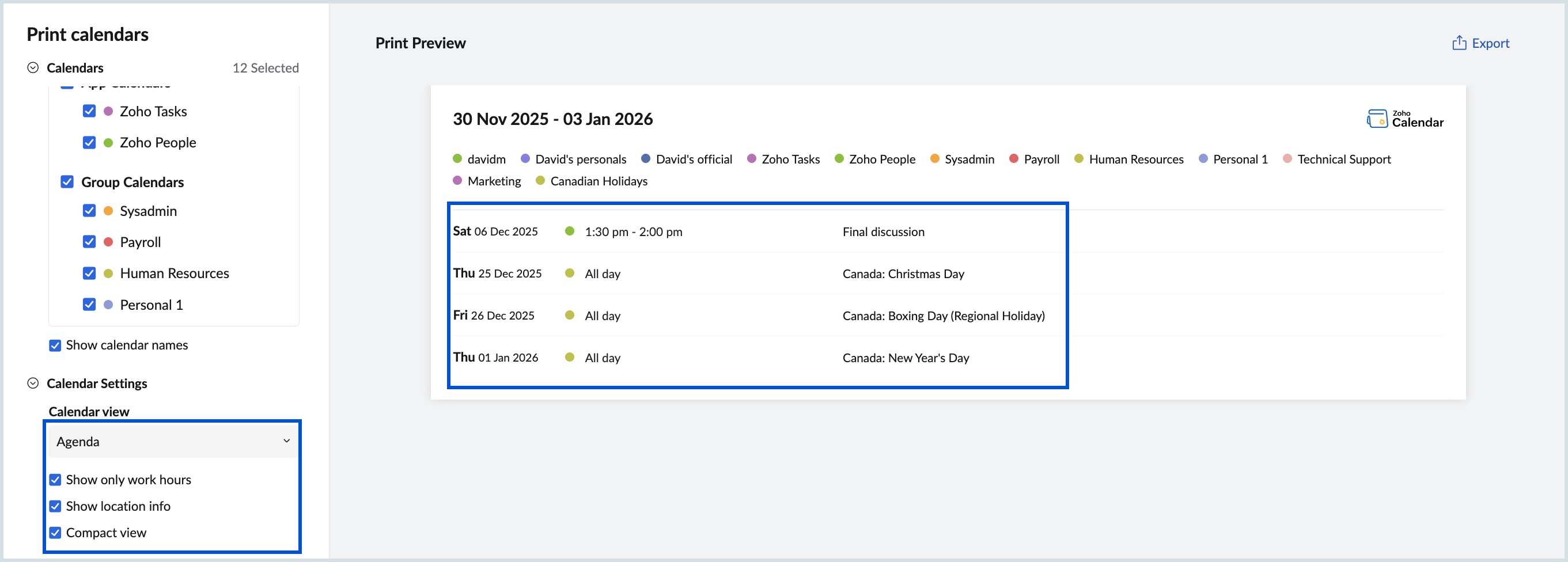 Options in Agenda view Options in Agenda view