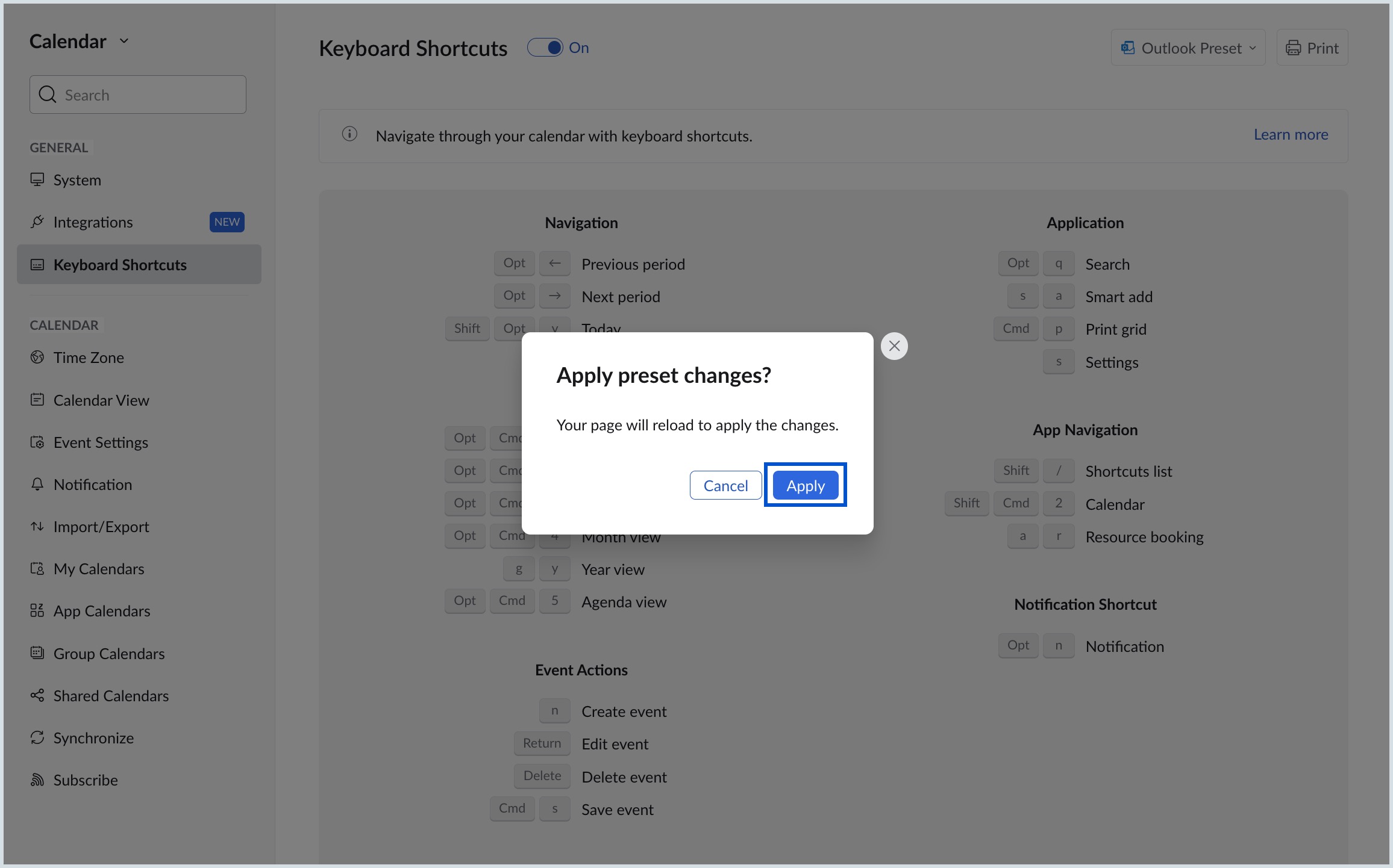 Apply keyboard shortcut preset