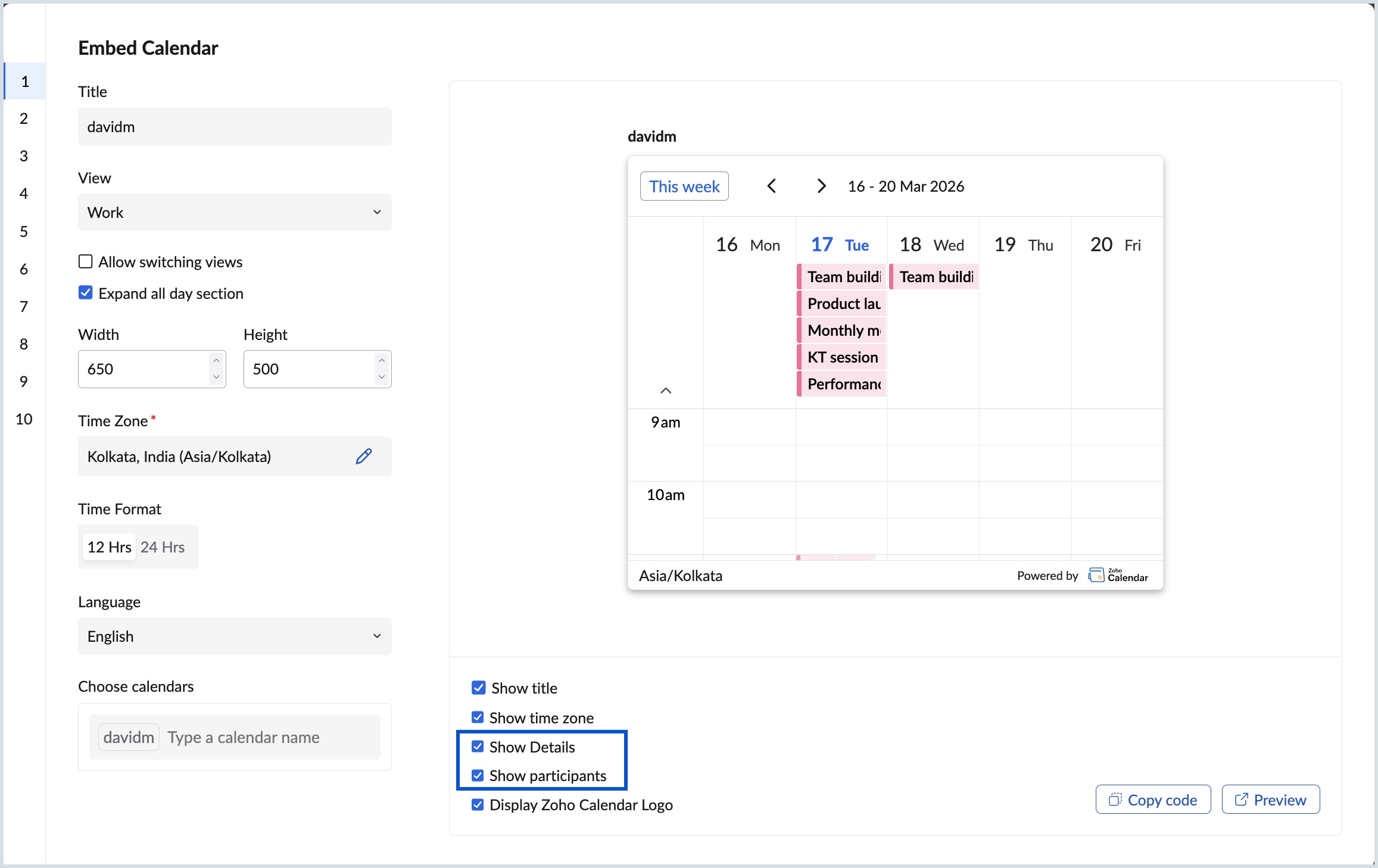 Detailed view of Embed Calendar