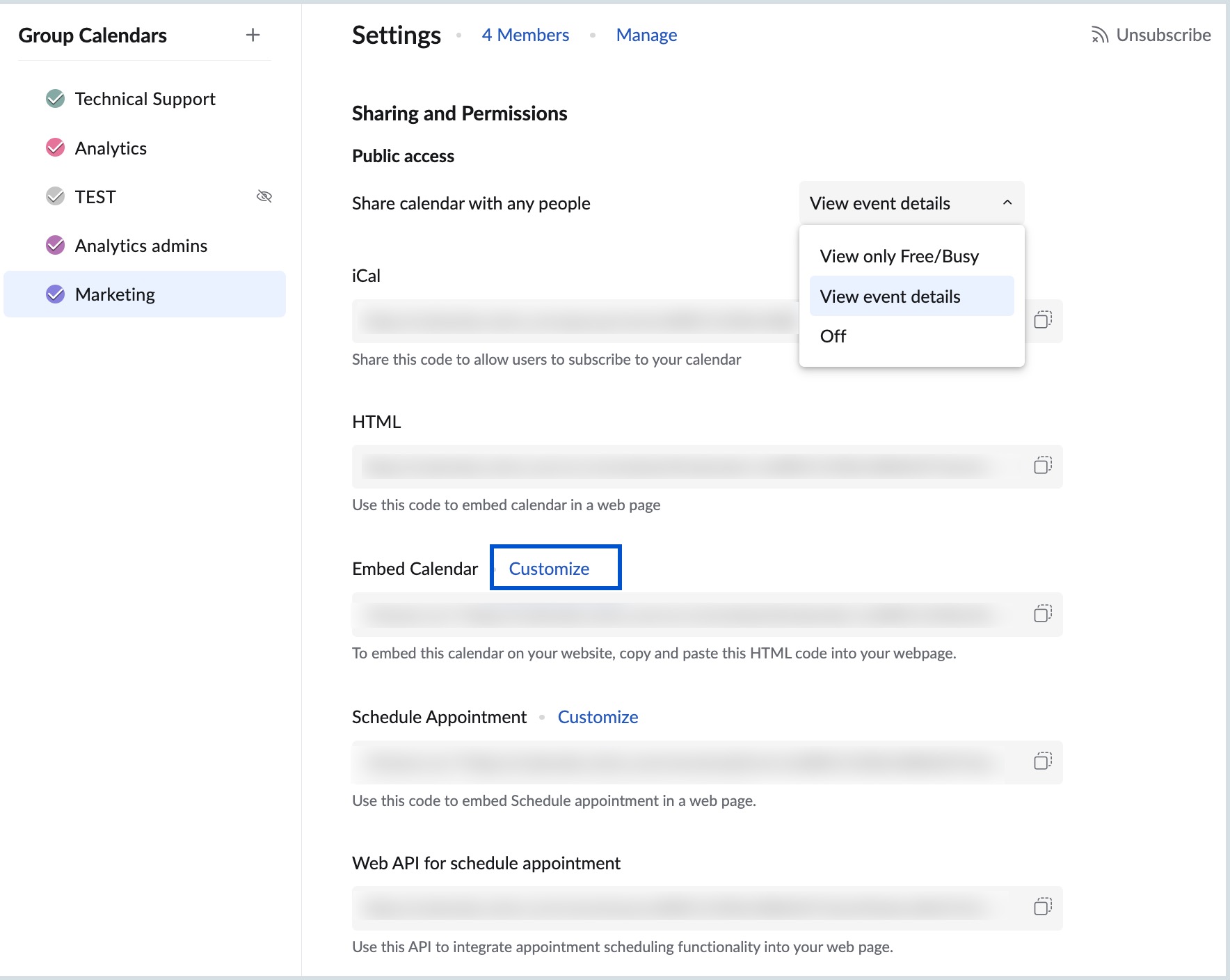 Customize embed calendar