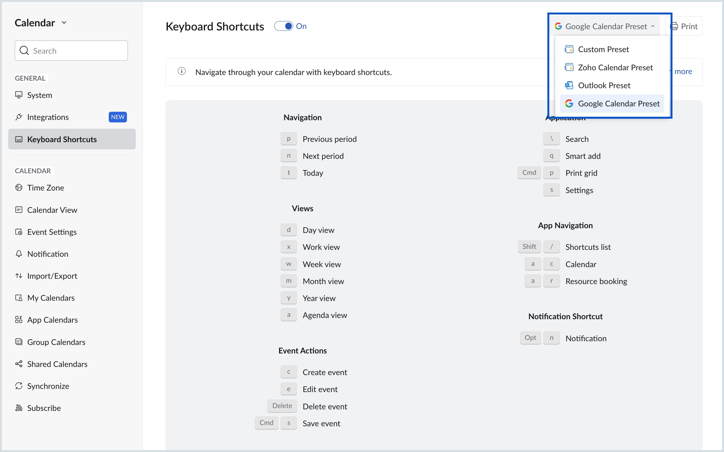 Available keyboard shortcut preset