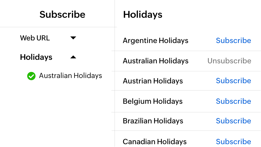 Subscribe to holiday calendars