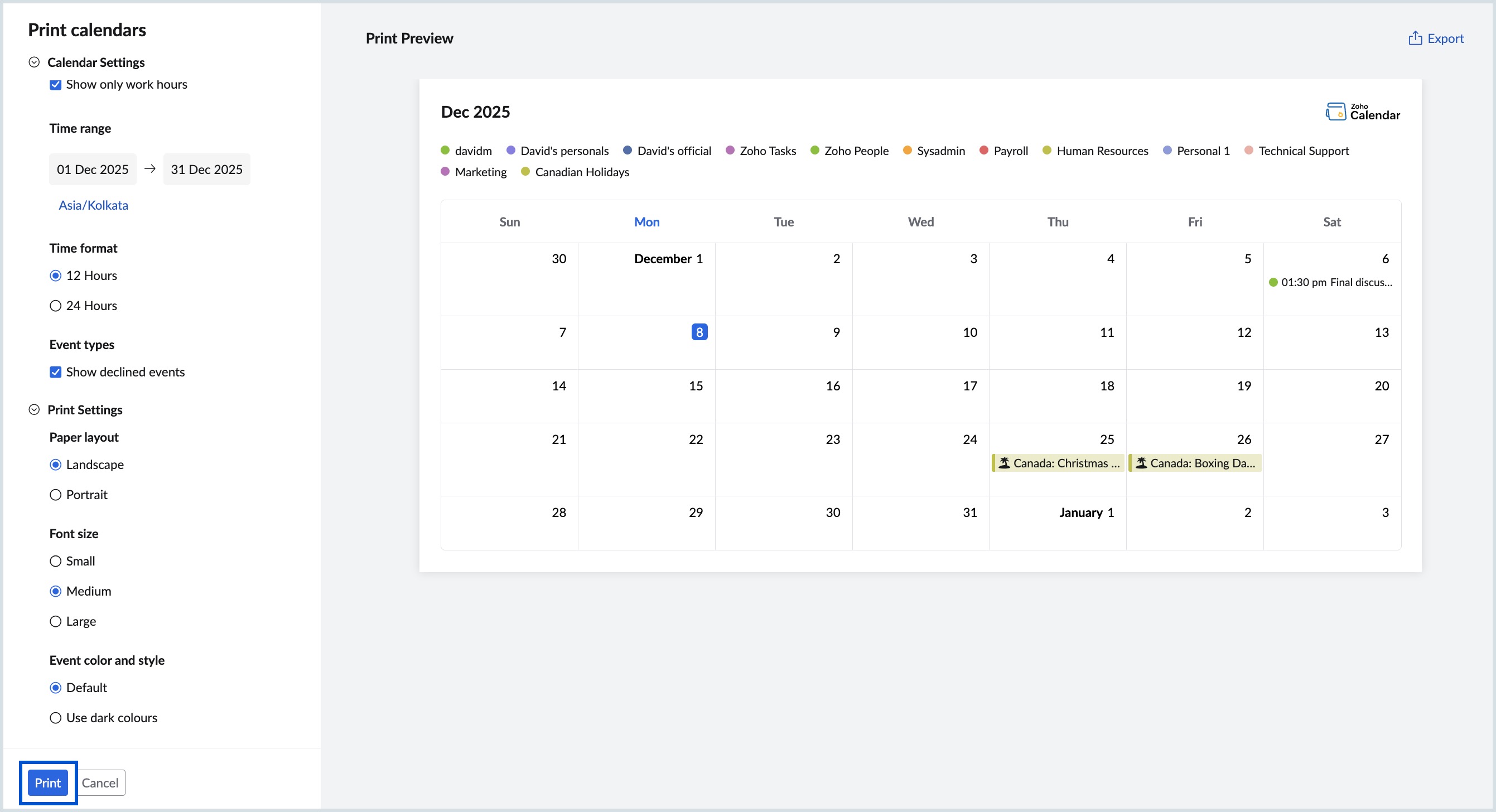 Print Calendar view Print Calendar view