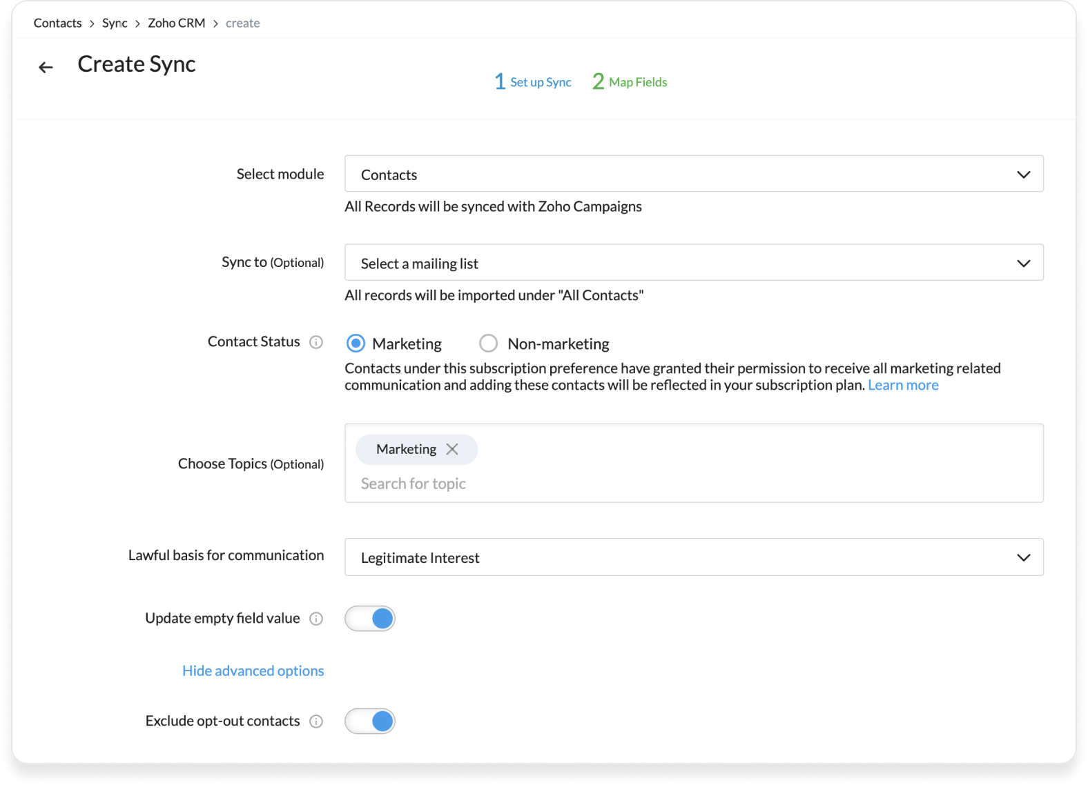 Zoho CRM contacts sync setup