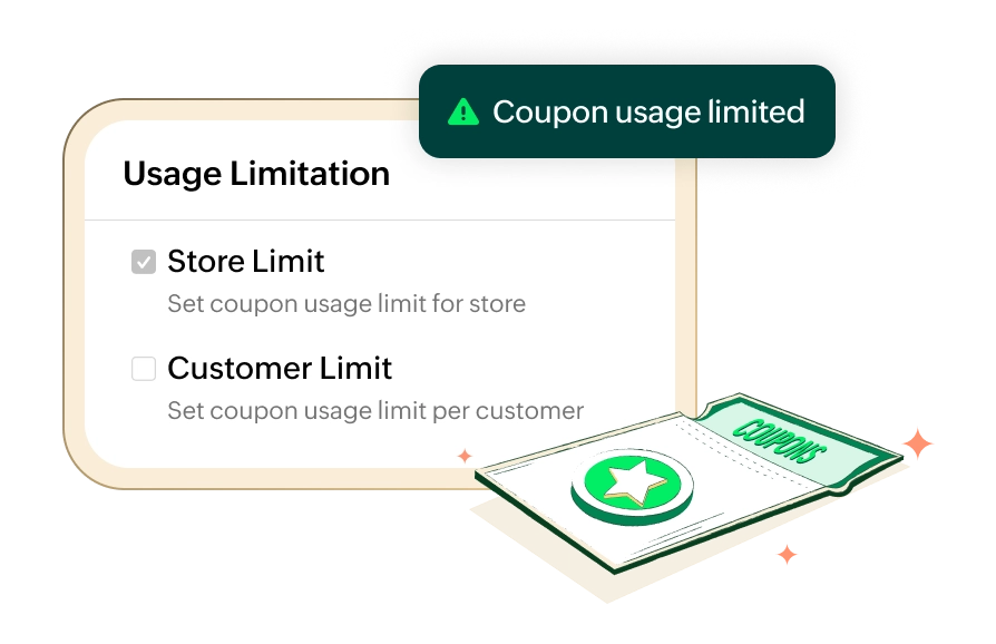 A box labeled Usage Limitation with options to set Store Limit and Customer Limit for coupon usage.