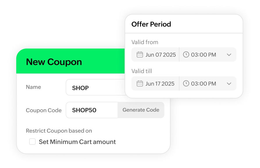 A form showing options to generate a new coupon, including fields for name, code, offer period, and minimum cart restrictions.