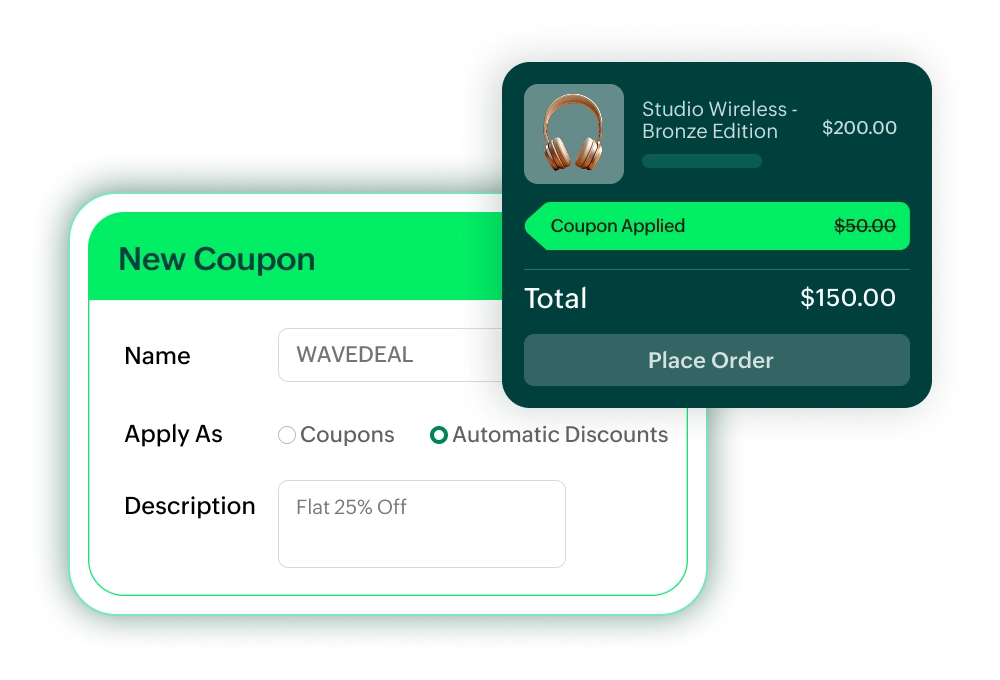 A section showing an automatic discount applied to a pair of $200 headphones, resulting in a $150 total on a checkout screen.