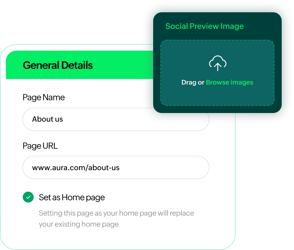 About page settings panel with SEO and social preview options in a website builder.
