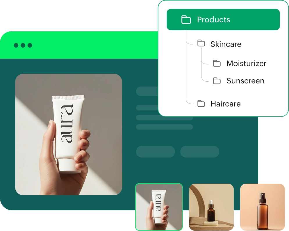 Product category tree editor showing “Aura” skincare and haircare categories in Zoho commerce store.