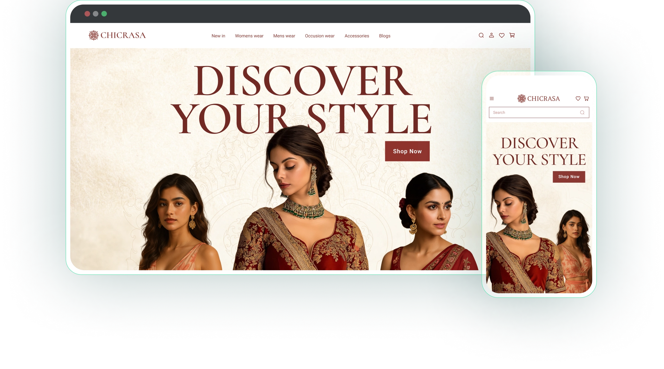 Responsive fashion store website preview showing a clothing brand layout on desktop and mobile screens.
