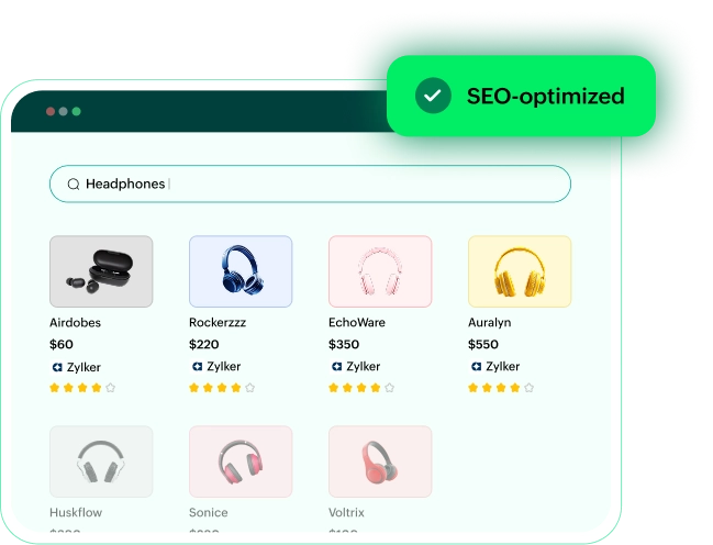 Ecommerce product search interface showing SEO-optimized headphone listings with prices and ratings.