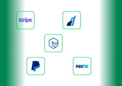Logos for Stripe, Razorpay, PayTm, and other payment gateways.