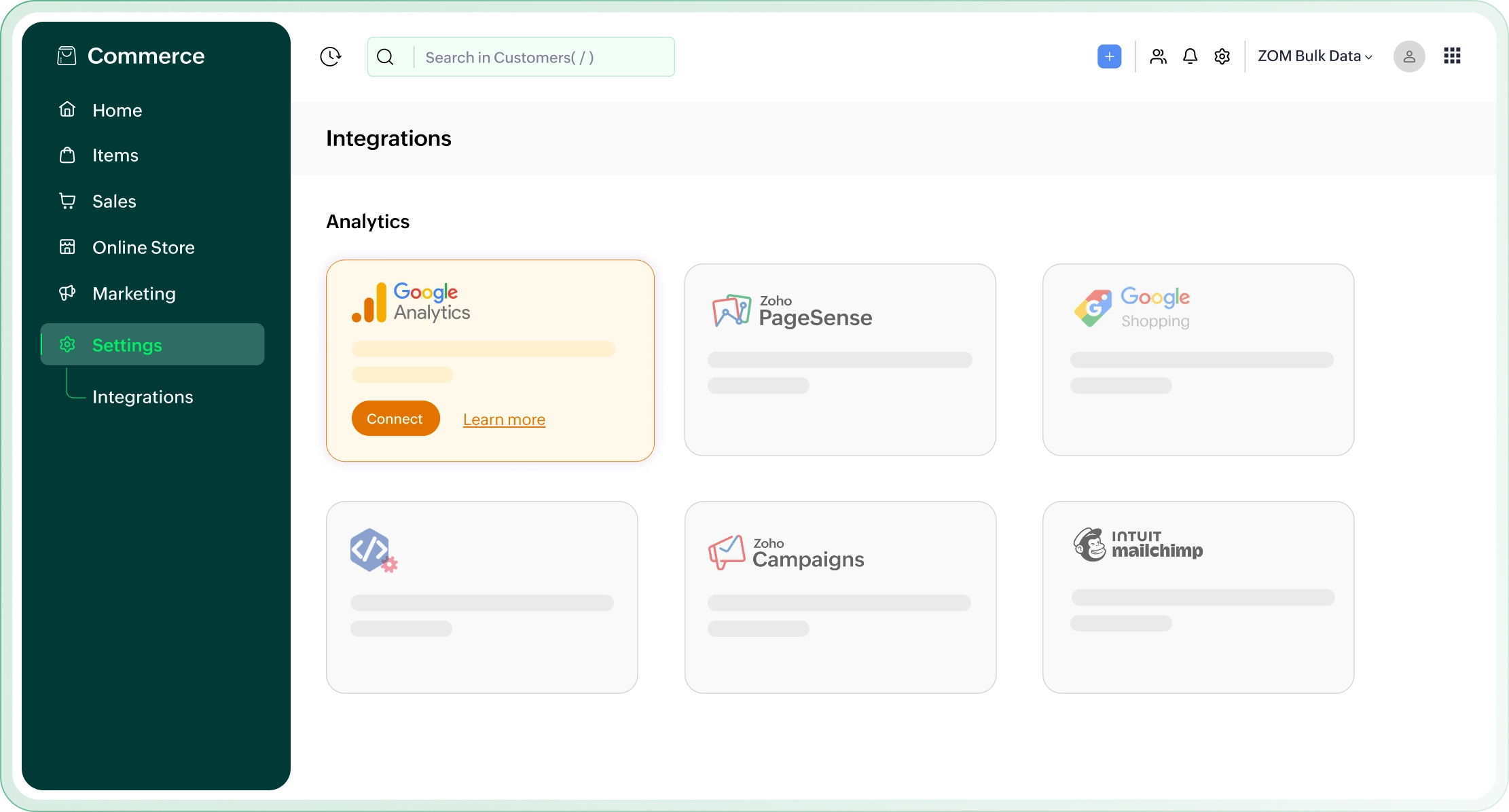 Zoho Commerce and Google Analytics integration dashboard