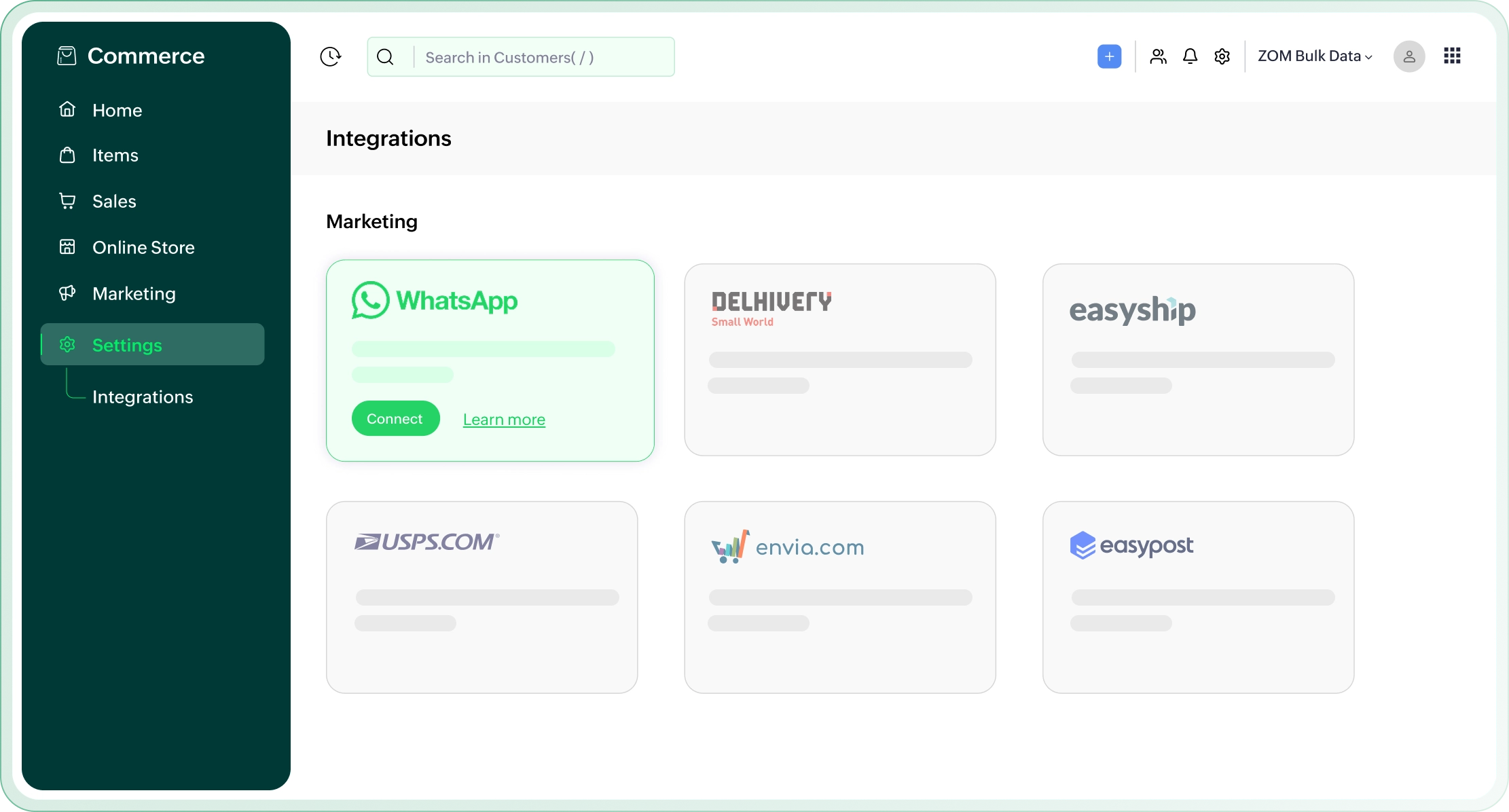 Zoho Commerce and WhatsApp integration dashboard