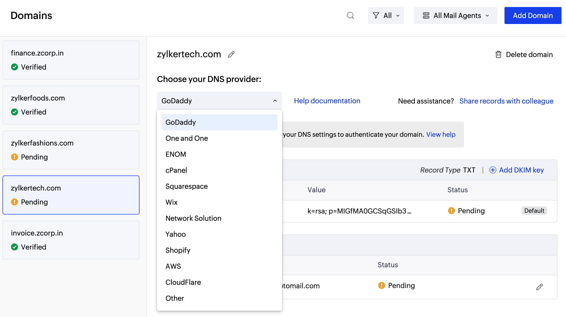 List domains from the drop-down List domains from the drop-down
