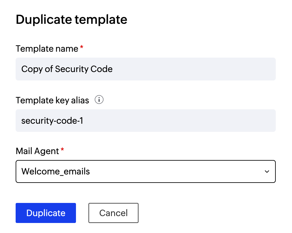 Duplicate template UI screenshot of creating duplicate template
