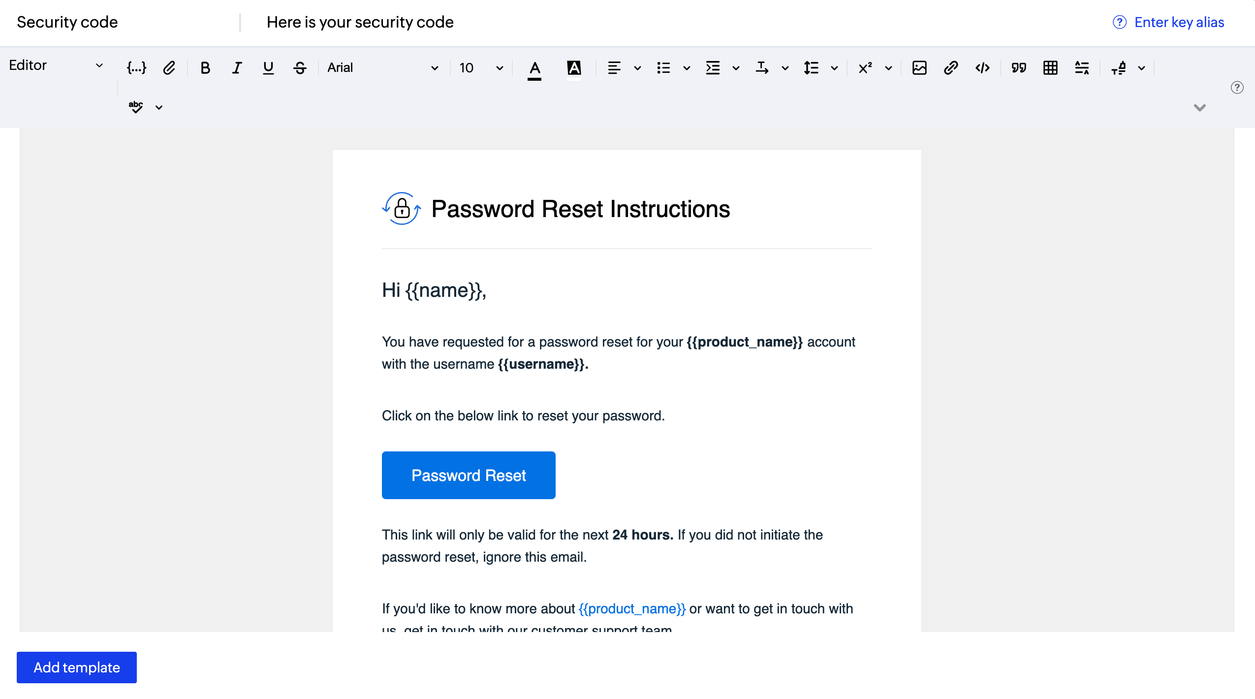 Security code UI screenshot of security code