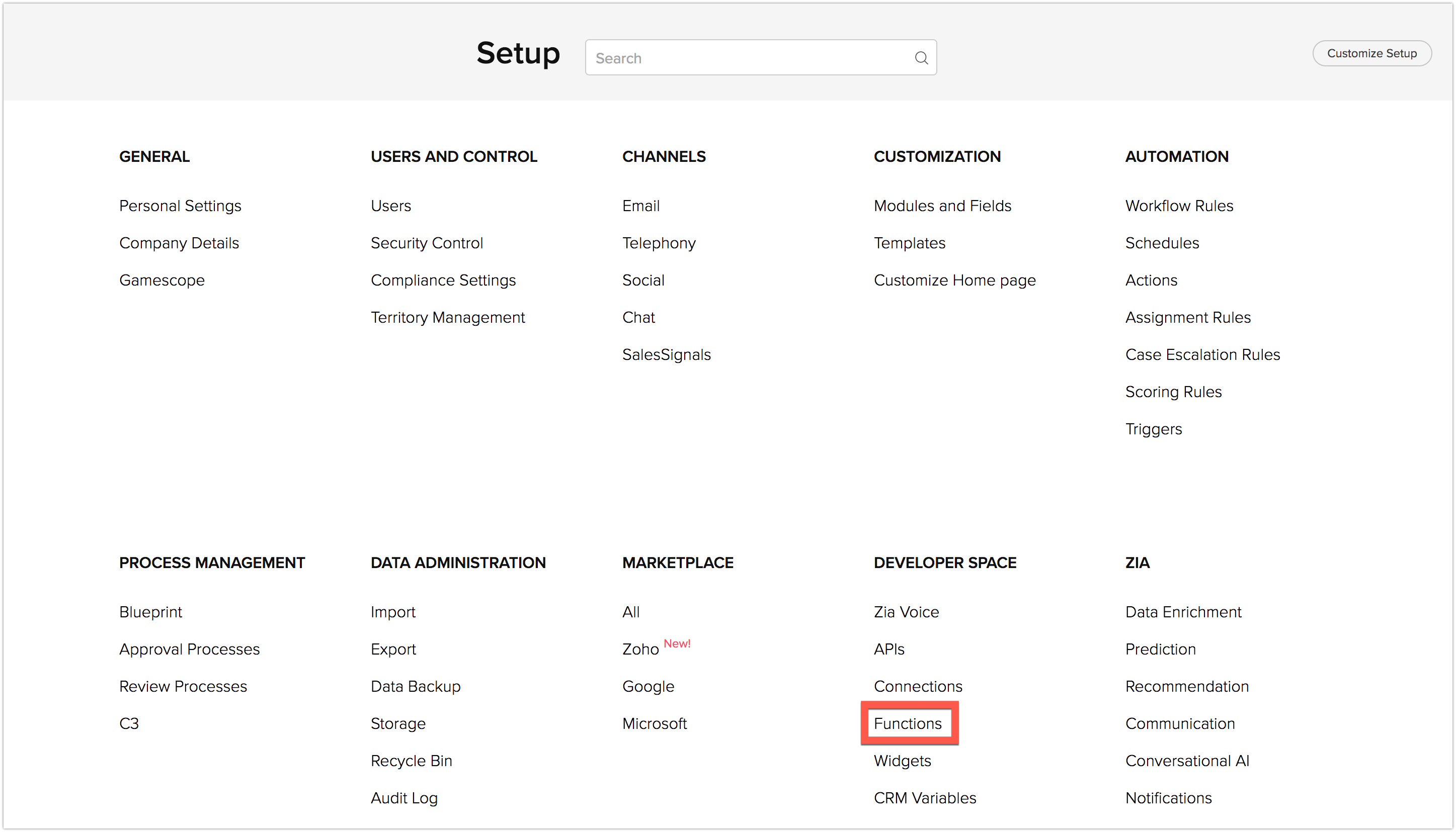 Functions in Setup menu