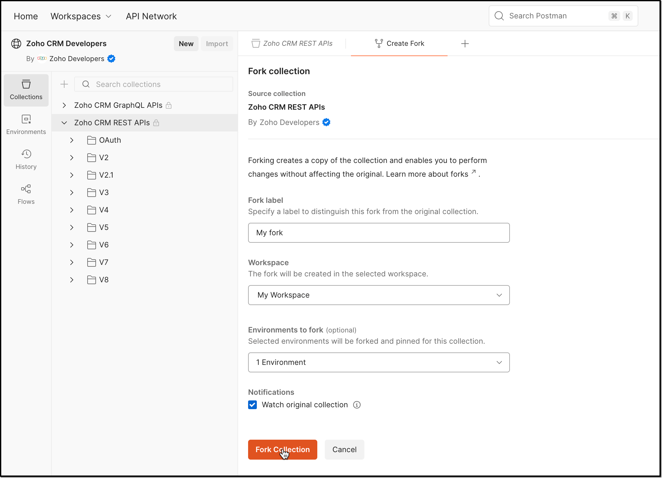 choose workspace and add the collection fork to it