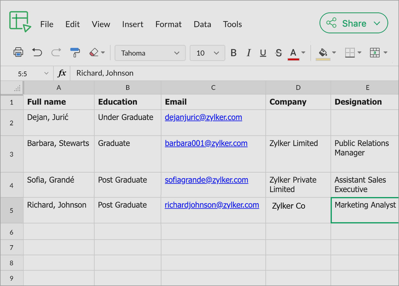 Zoho Sheet Spreadsheets