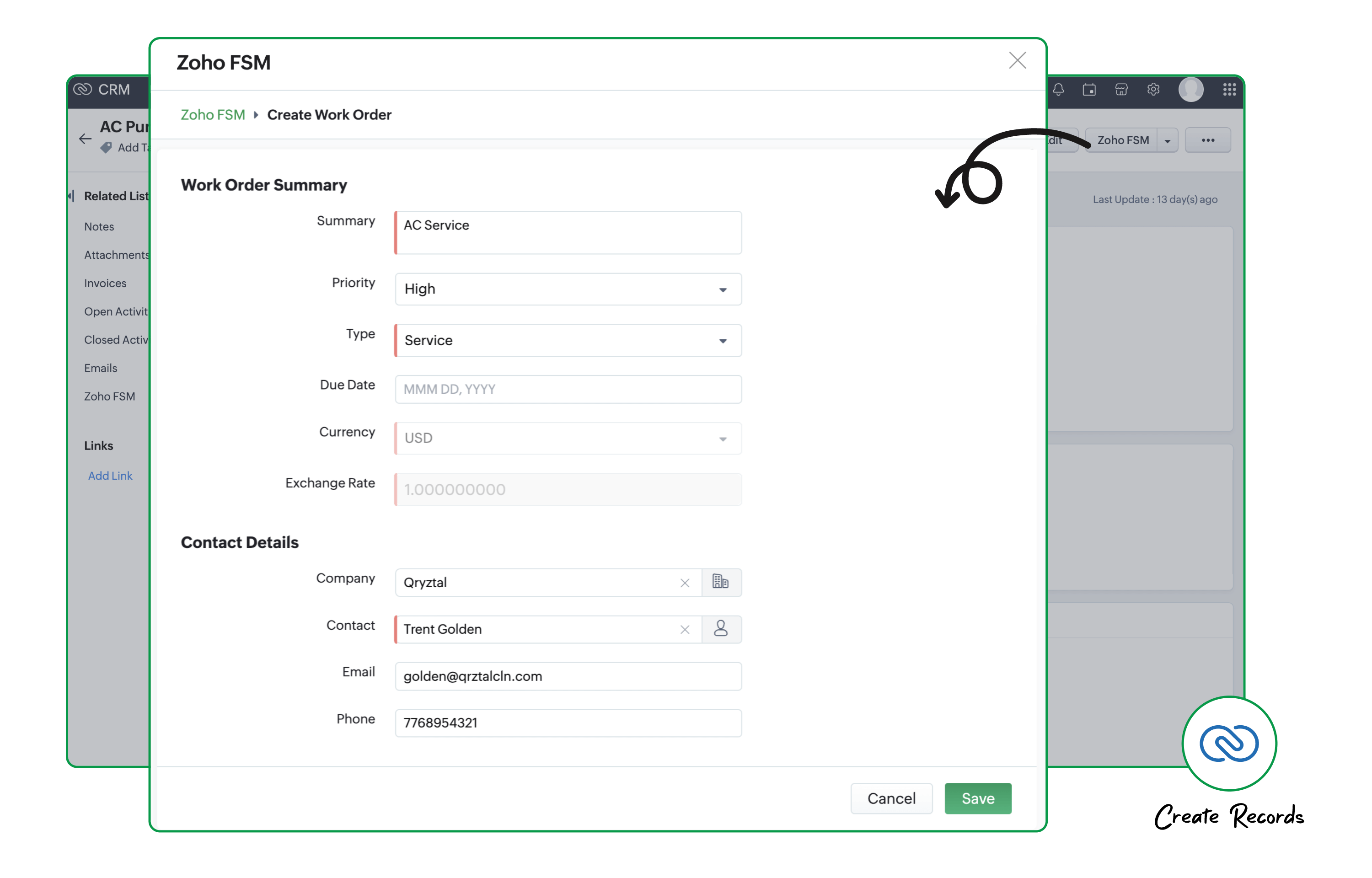 Create new service records seamlessly from Zoho CRM