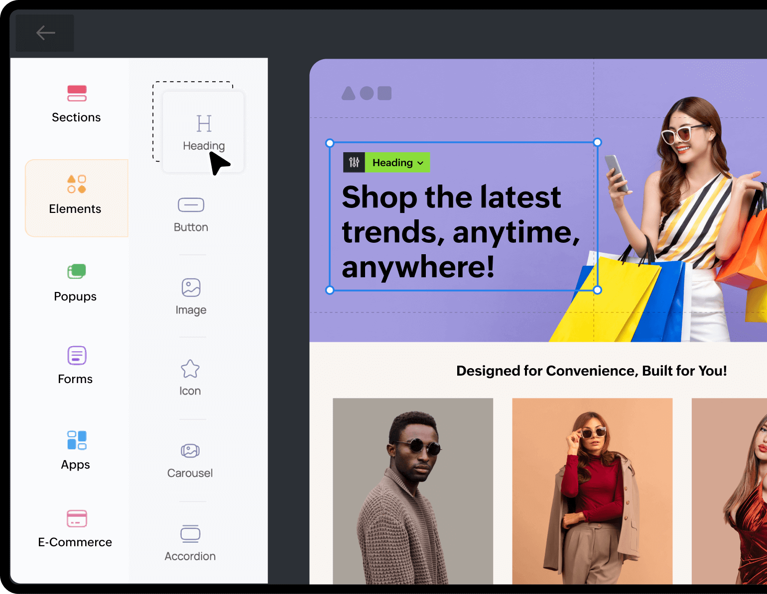 Website builder interface showing drag-and-drop elements like heading, button, and image, with a preview of an online fashion store displaying a woman holding shopping bags.