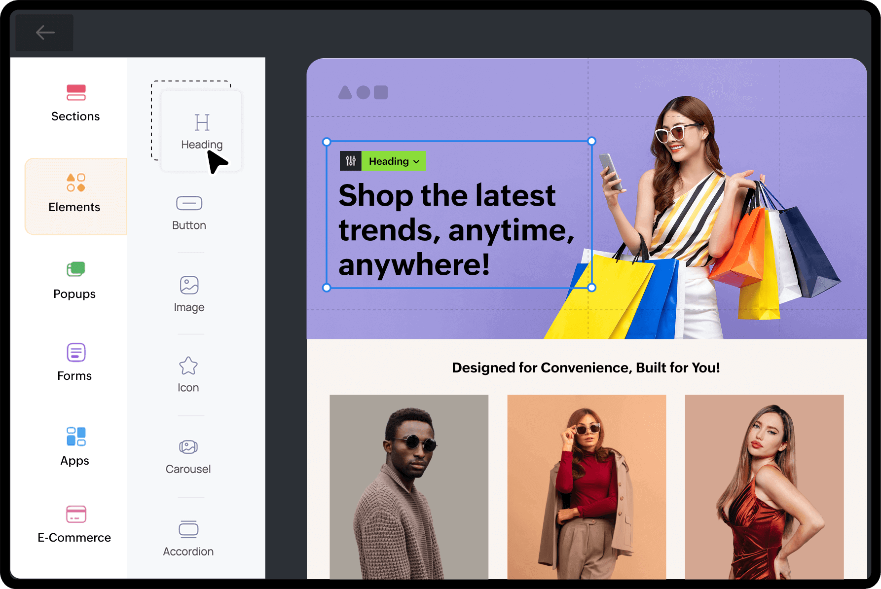 Website builder interface showing drag-and-drop elements like heading, button, and image, with a preview of an online fashion store displaying a woman holding shopping bags.
