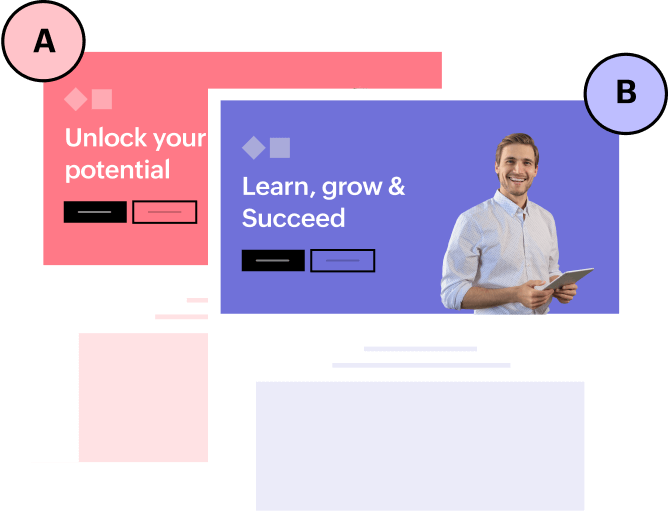 Two landing page designs with motivational fitness themes, featuring male and female trainers, surrounded by profile icons and arrows indicating collaboration.