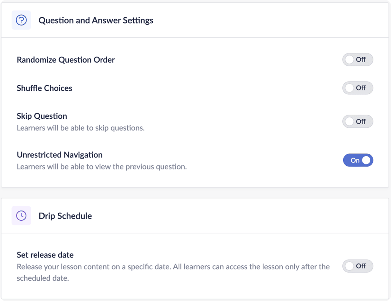 Quiz navigation control settings in Zoho Learn