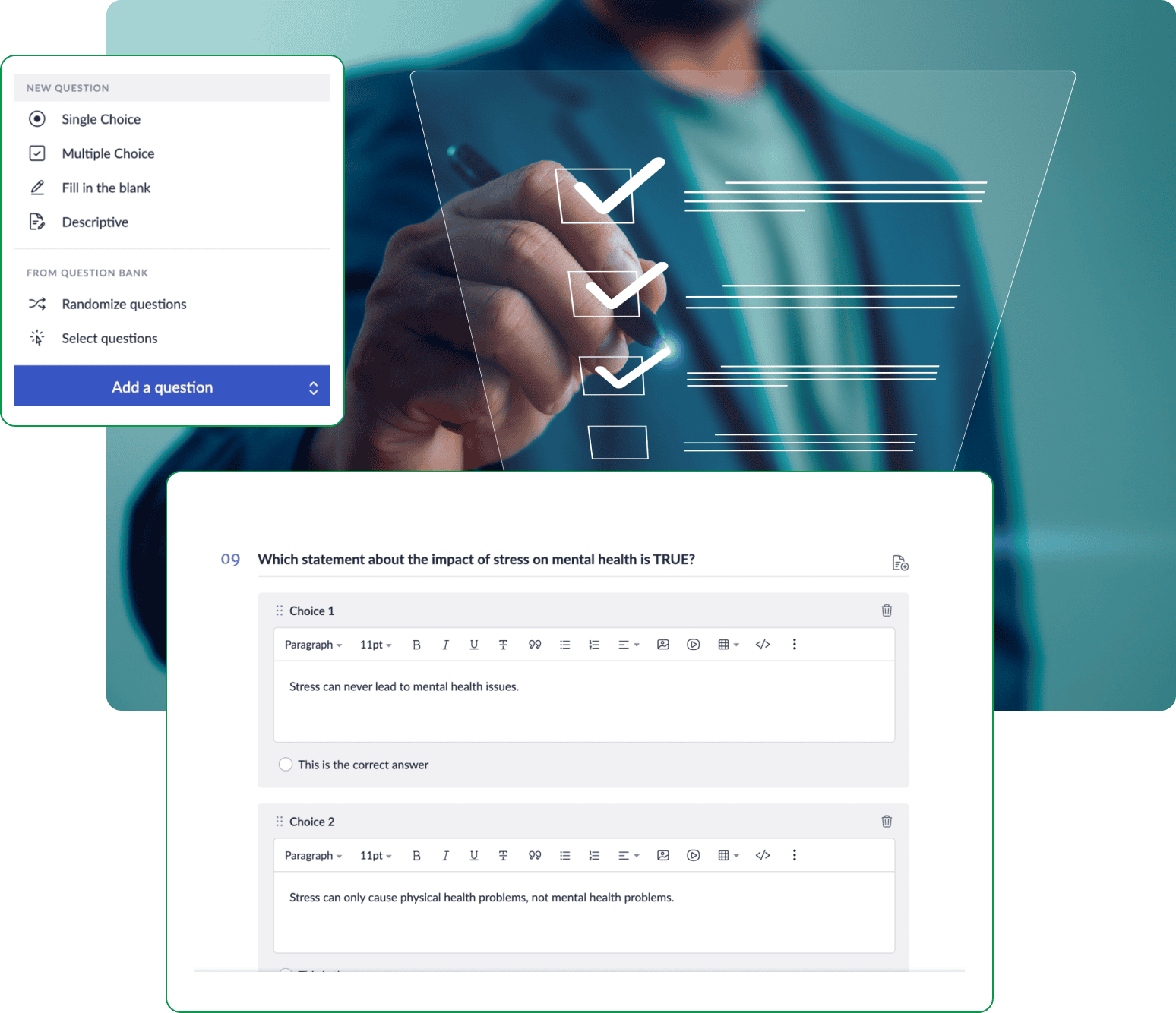 Zoho Learn quiz builder interface with multiple question types