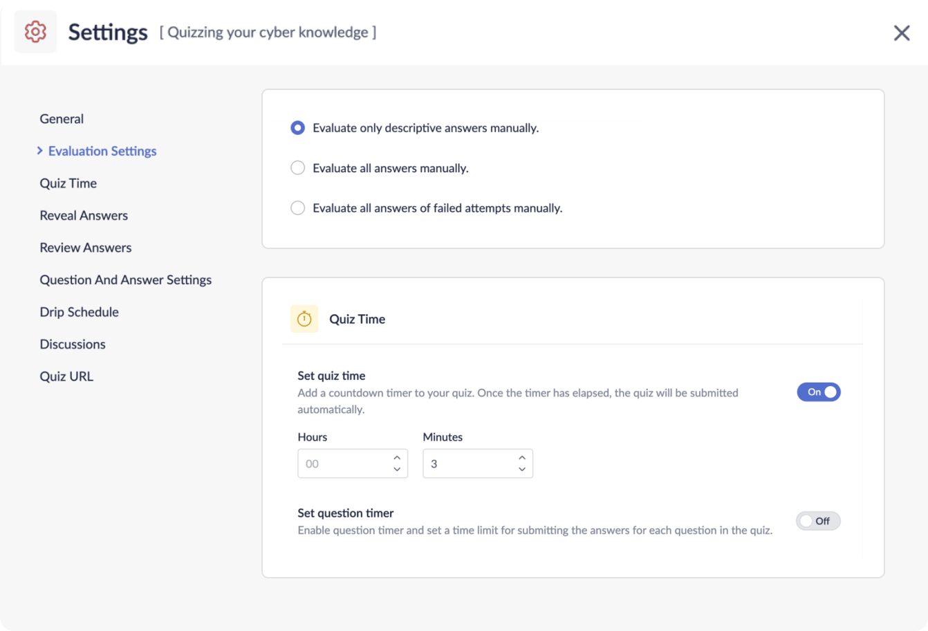 Time-based test configuration settings in Zoho Learn