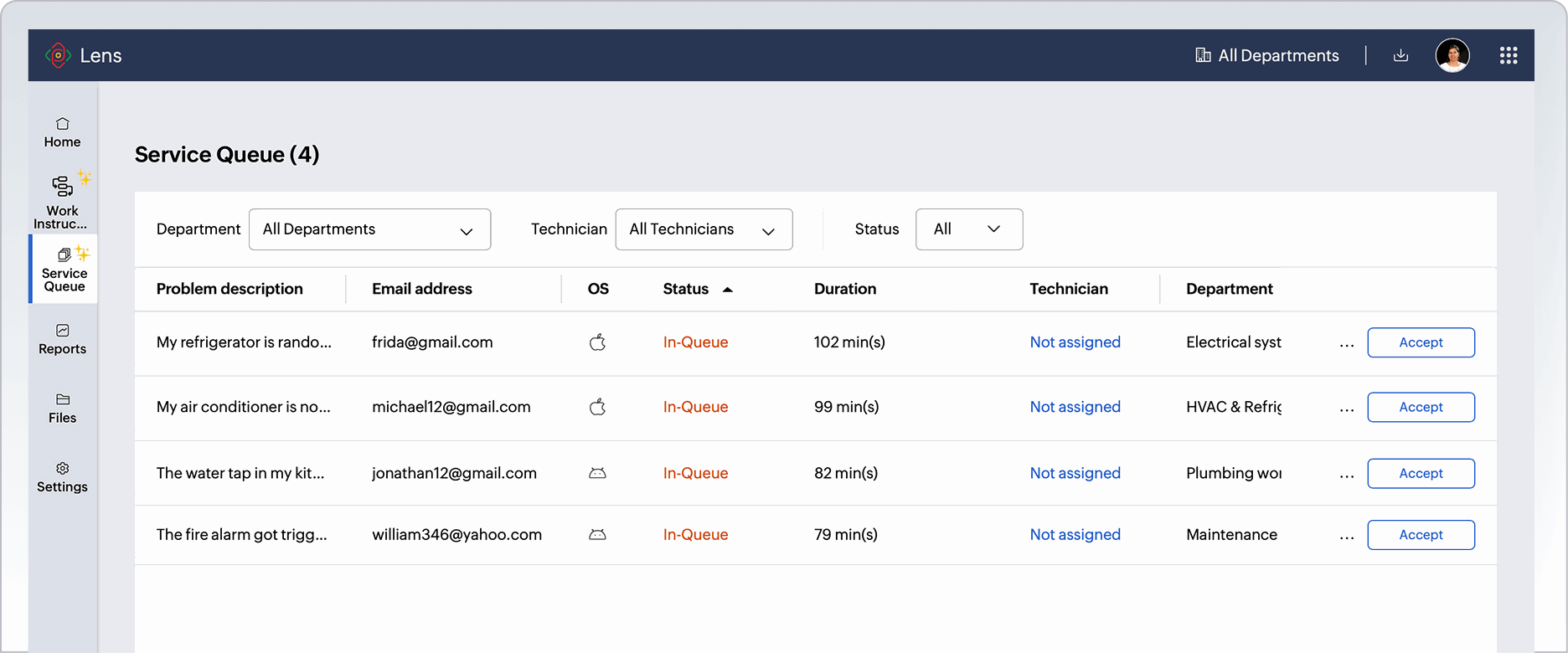 Service queue dashboard with technician assignment
